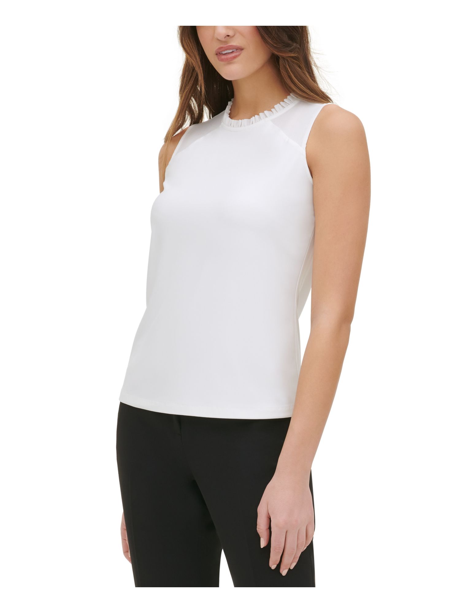 Womens White Ruffled Sleeveless Jewel Neck Top Size: XL